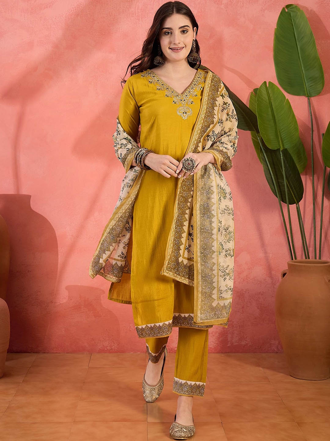 

Sangria Embroidered Detailed Straight Kurta, Trousers & Dupatta Set, Mustard