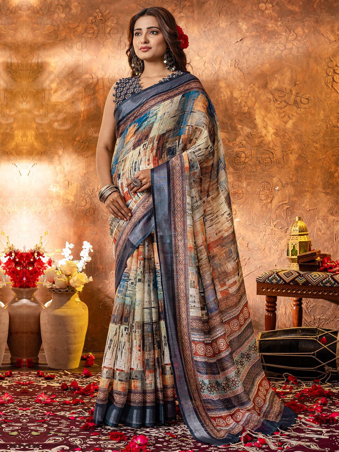 

Saree mall Zari Linen Blend Block Print Sarees, Beige