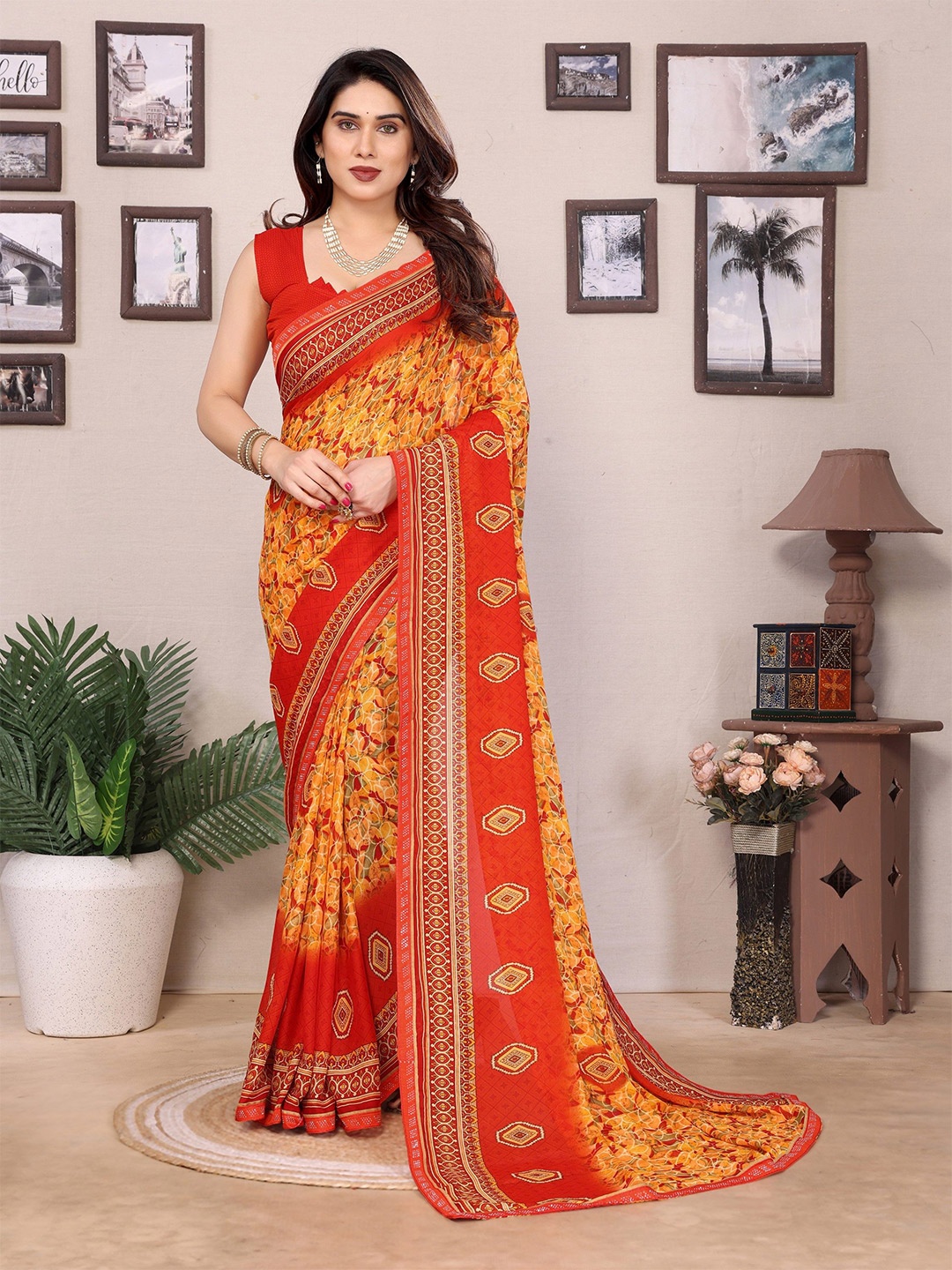

Moda Rapido Beads and Stones Poly Georgette Saree, Yellow