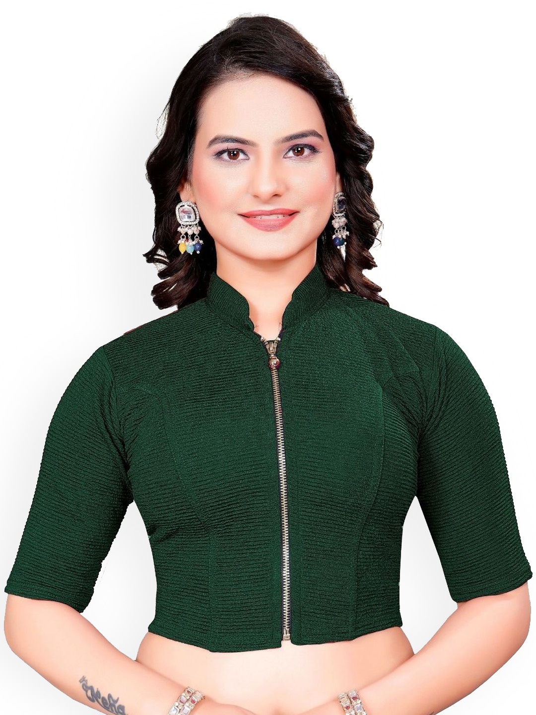 

SS Sanket Synthetics High Neck Front Full Zip Blouse, Green