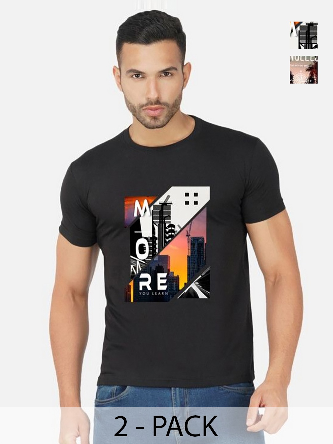 

GLOBAL NOMAD Men 2 Printed Bio Finish Applique T-shirt, Black
