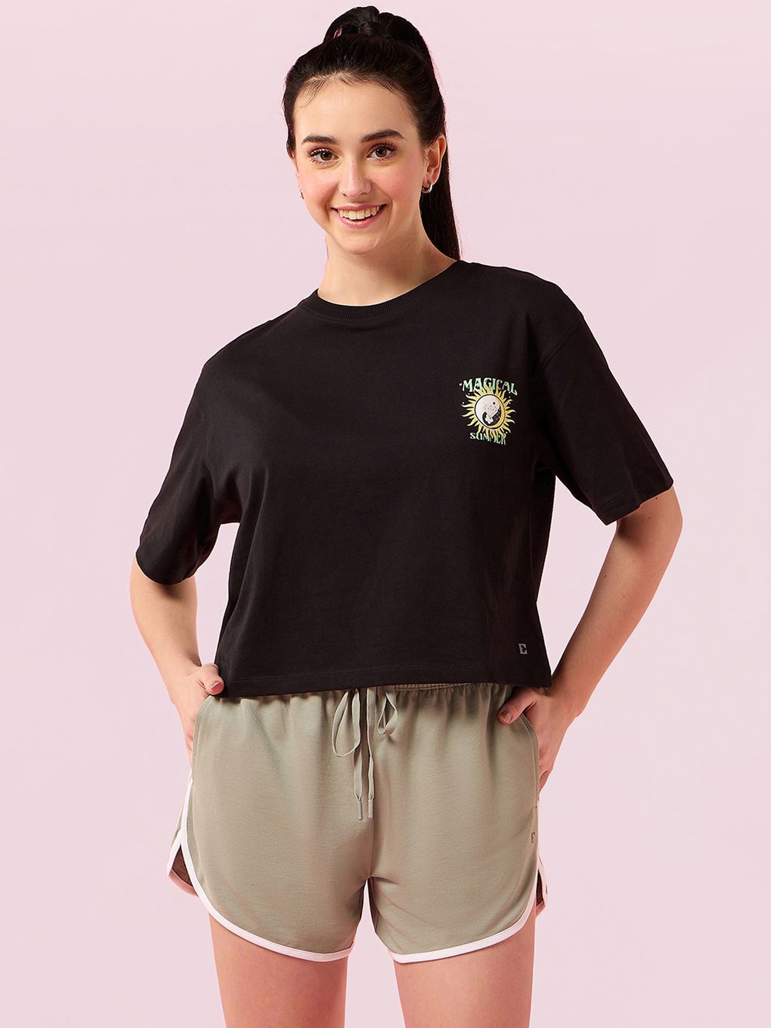 

Enamor Graphic Printed Pure Cotton Oversized Fit Crew Neck Lounge T-Shirt, Black