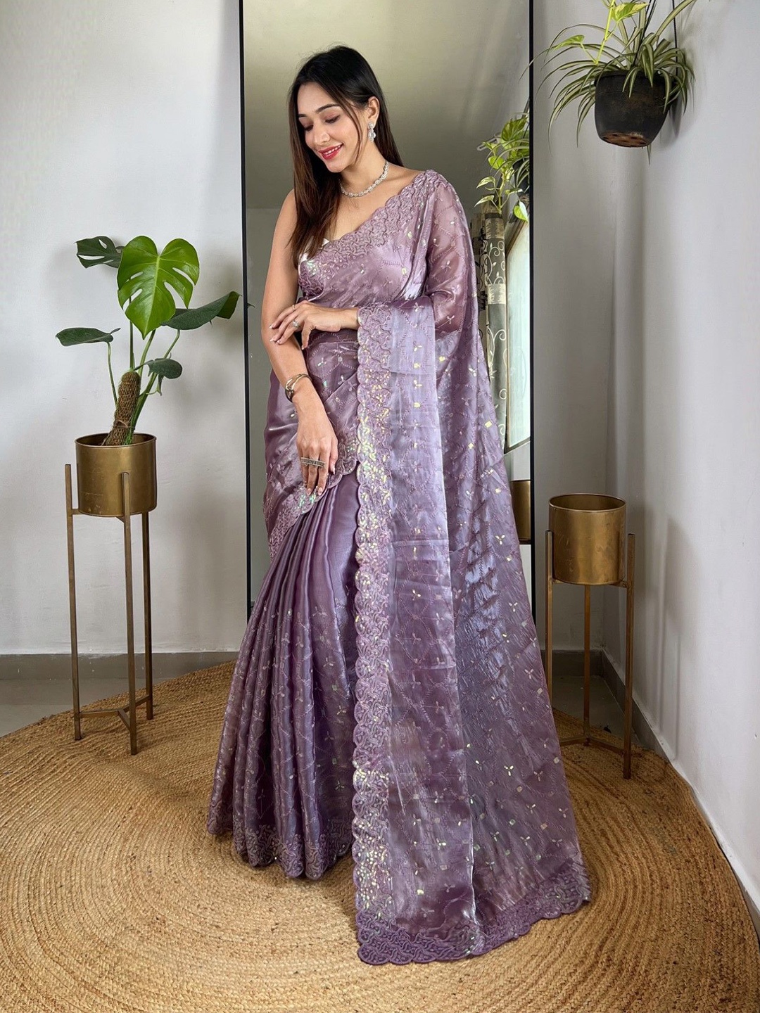 

Panzora Floral Sequinned Silk Blend Saree, Lavender