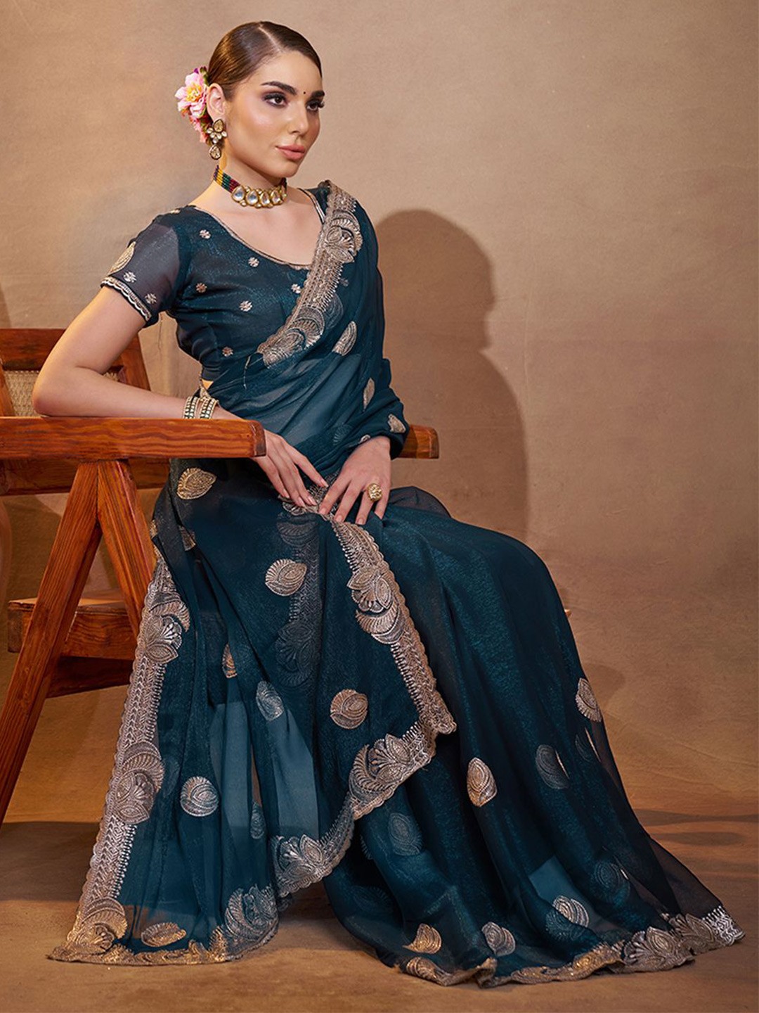 

Kalista Ethnic Motifs Embroidered Pure Chiffon Saree, Teal