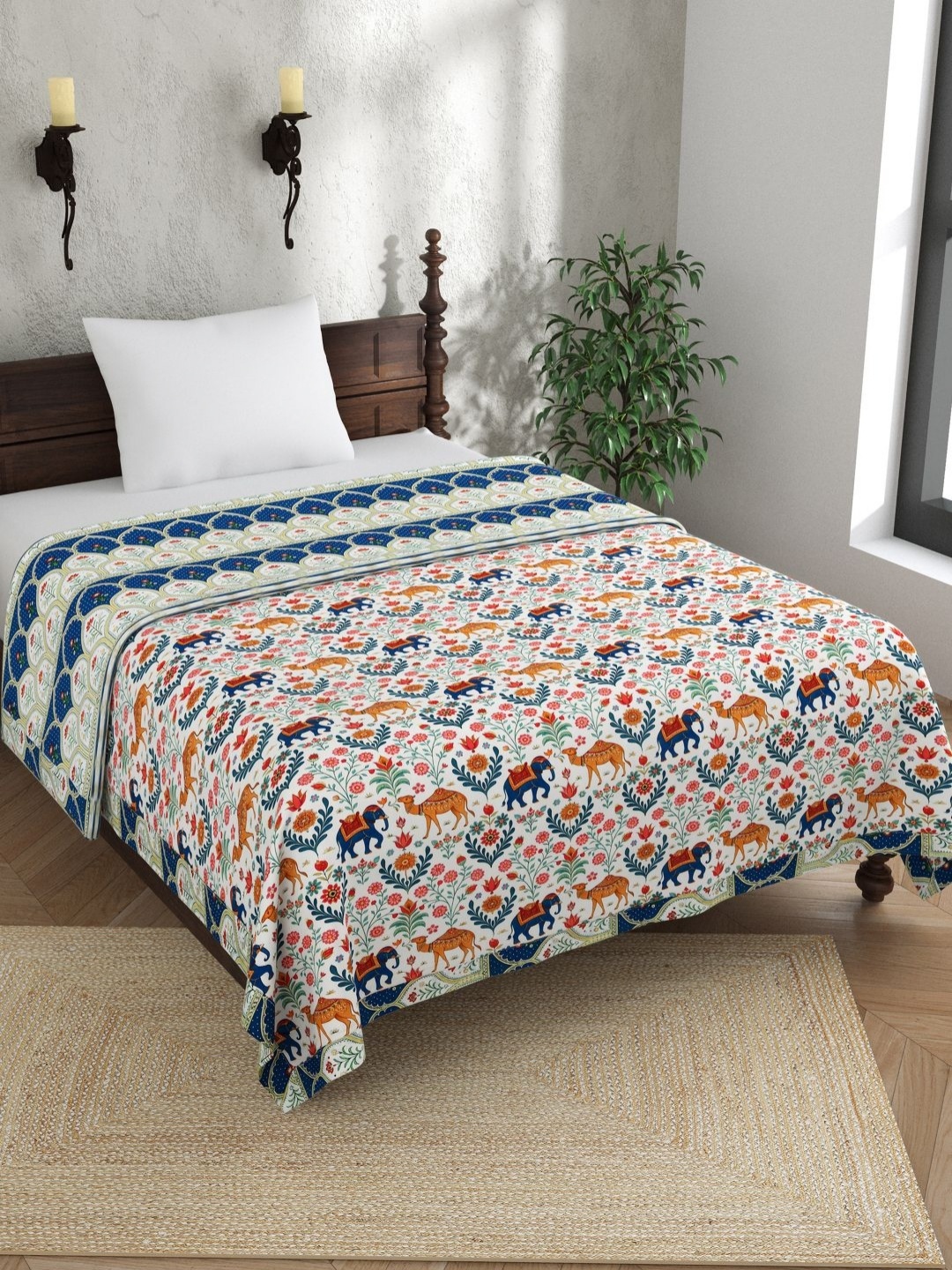 

EverHOME Multicoloured Ethnic Motifs AC Room 150 GSM Single Bed Dohar, White