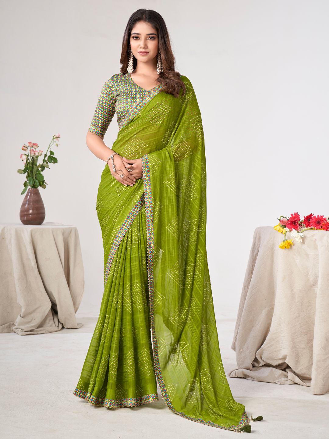 

LeeliPeeri Designer Bandhani Embroidered Poly Georgette Saree, Green