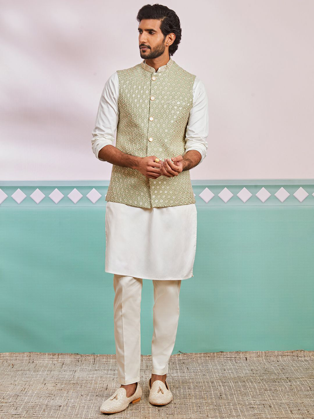 

VASTRAMAY Men Regular Kurta with Trousers, Cream