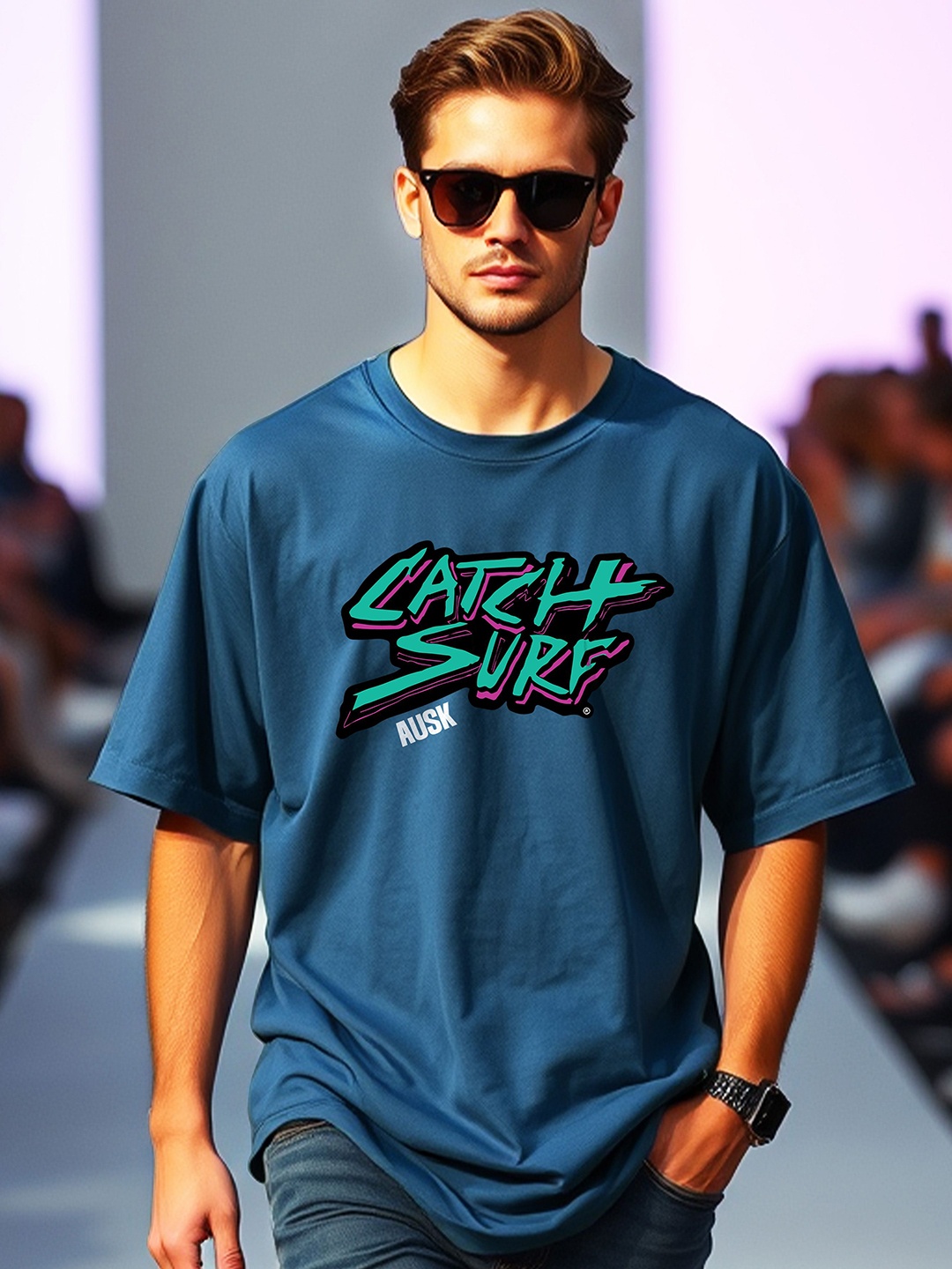 

AUSK Men Typography Printed Applique T-shirt, Teal