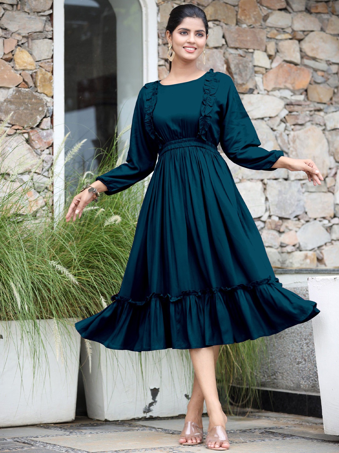 

Raiyani Fashion Applique Crepe Fit & Flare Midi Dress, Blue