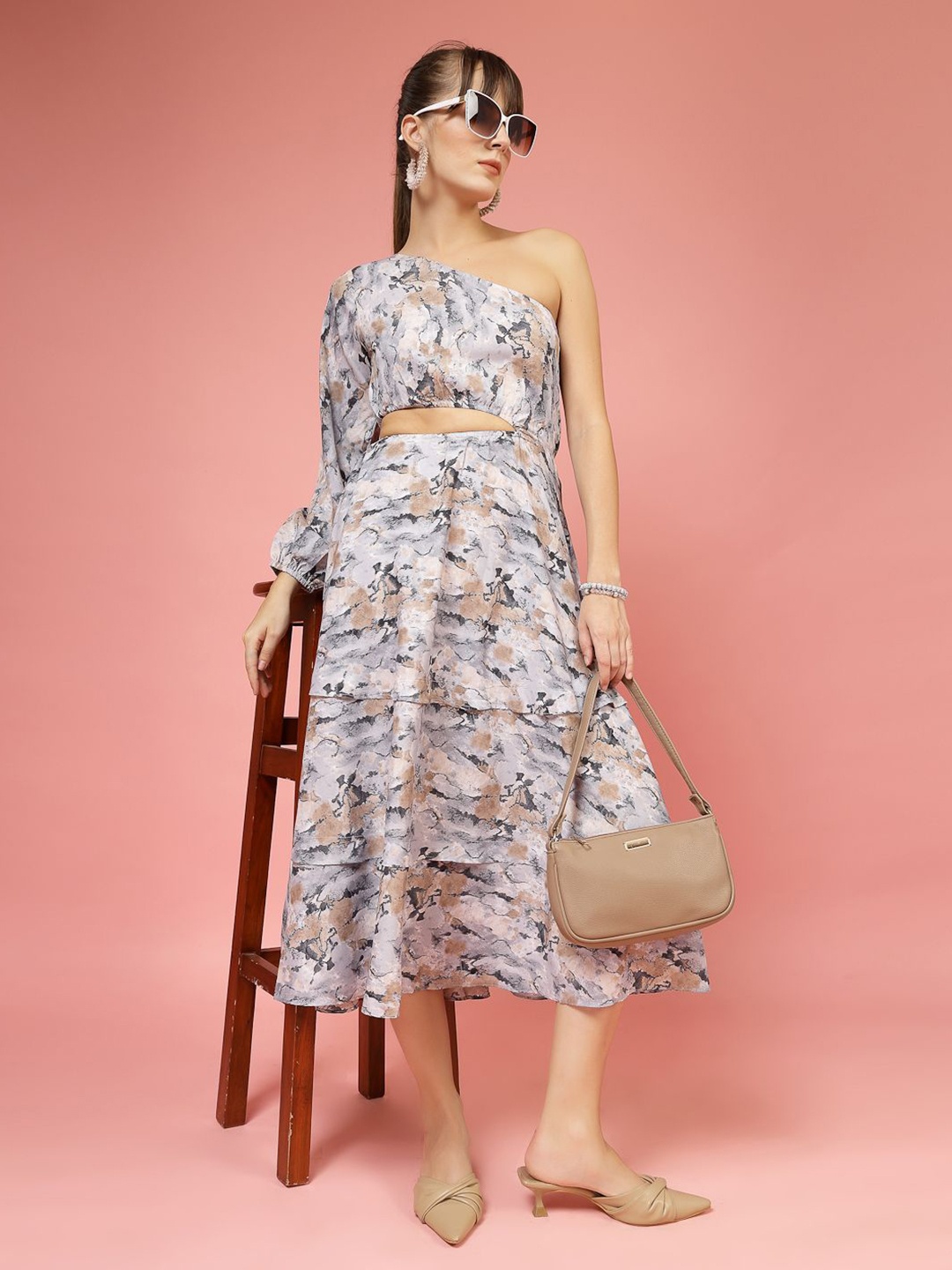 

DressBerry Floral Print Cold-Shoulder Crepe A-Line Midi Dress, Brown