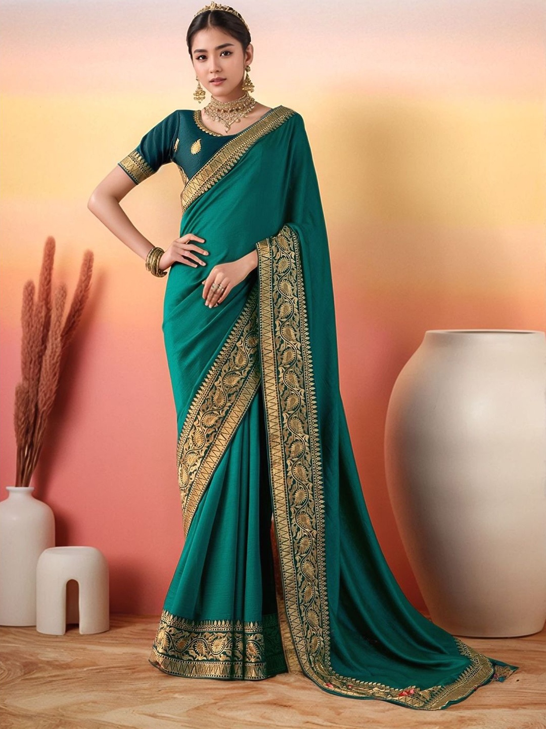 

Sangria Vichitra Gota Patti Saree With Blouse Piece, Teal