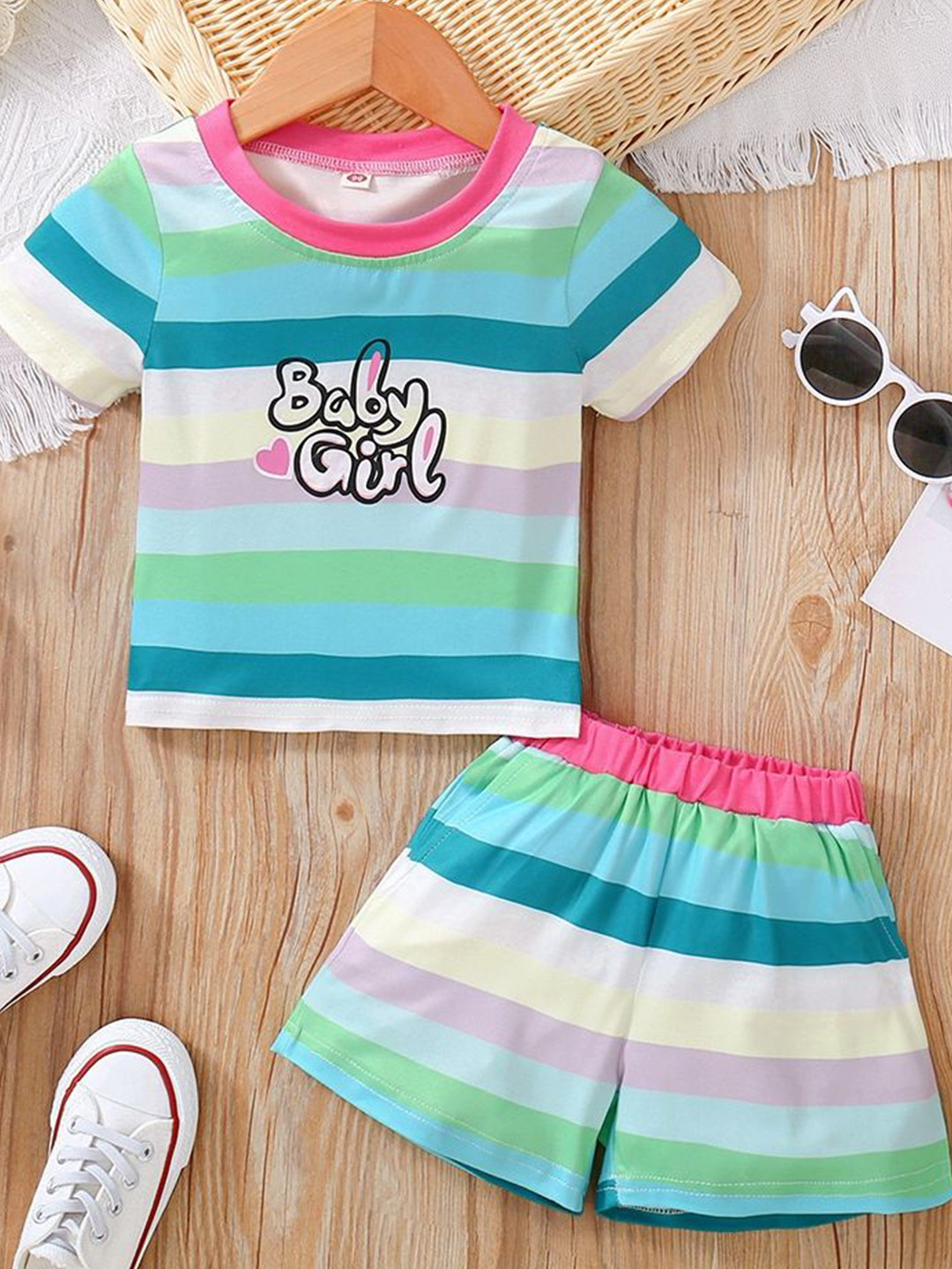

LULU & SKY Girls Striped T-shirt with Shorts, Green