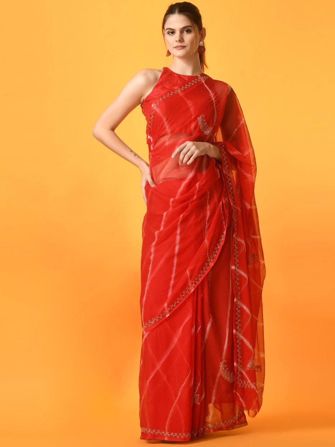 

House of Chiffon Floral Poly Chiffon Saree, Red