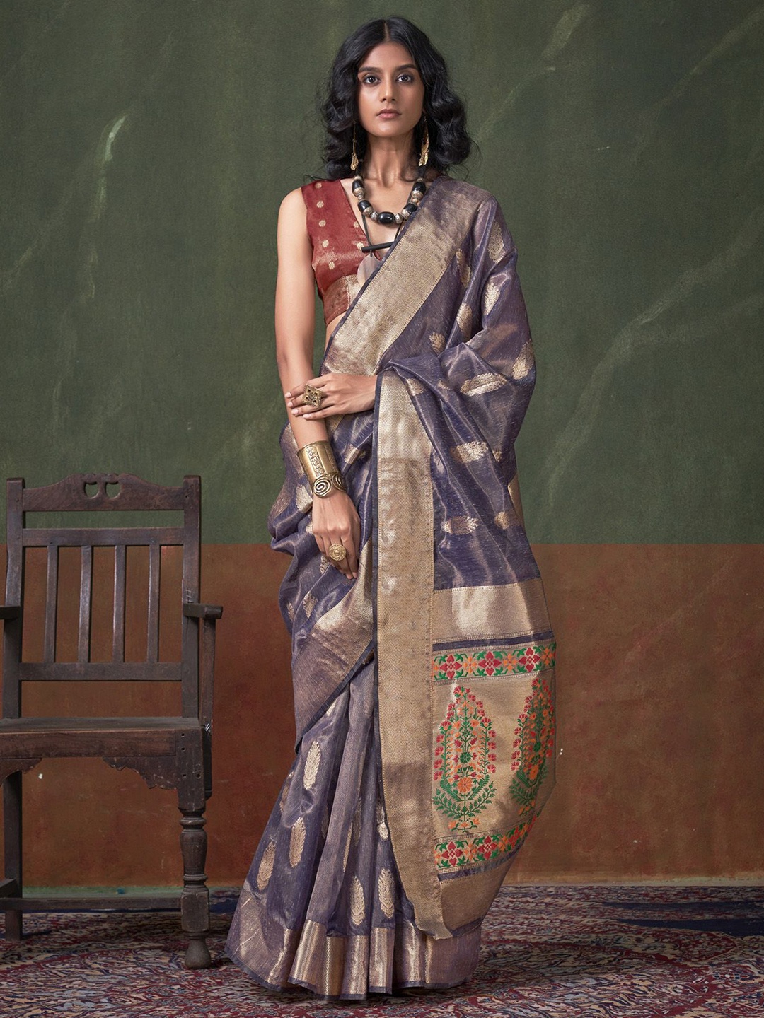 

elora Woven Design Zari Tissue Paithani Saree, Purple