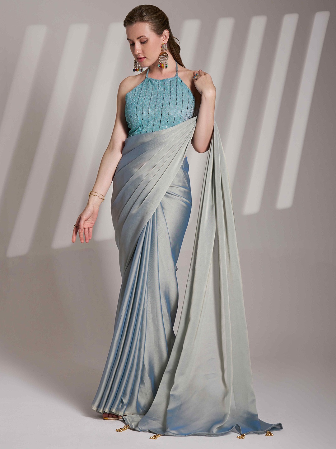 

HERE&NOW Embroidered Satin Tussar Saree, Grey