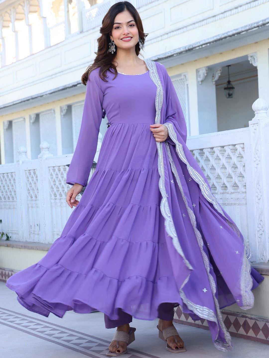 

Wedani Women Layered Kurta with Pyjamas & With Dupatta, Lavender