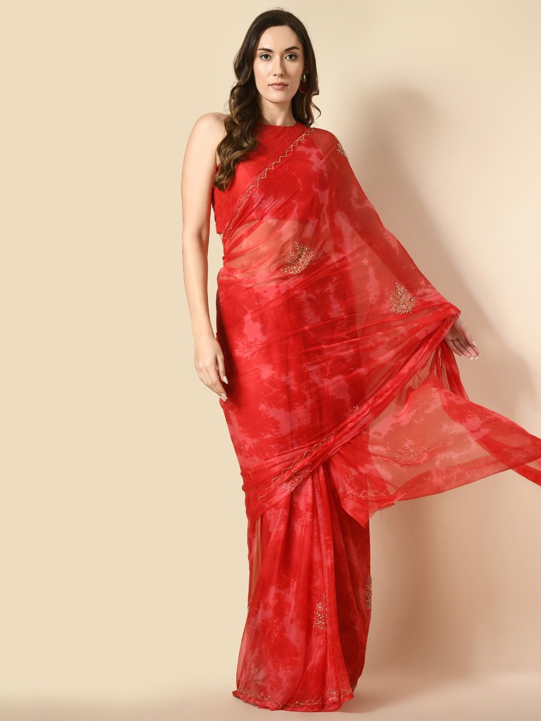 

House of Chiffon Floral Embroidered Poly Chiffon Saree, Red
