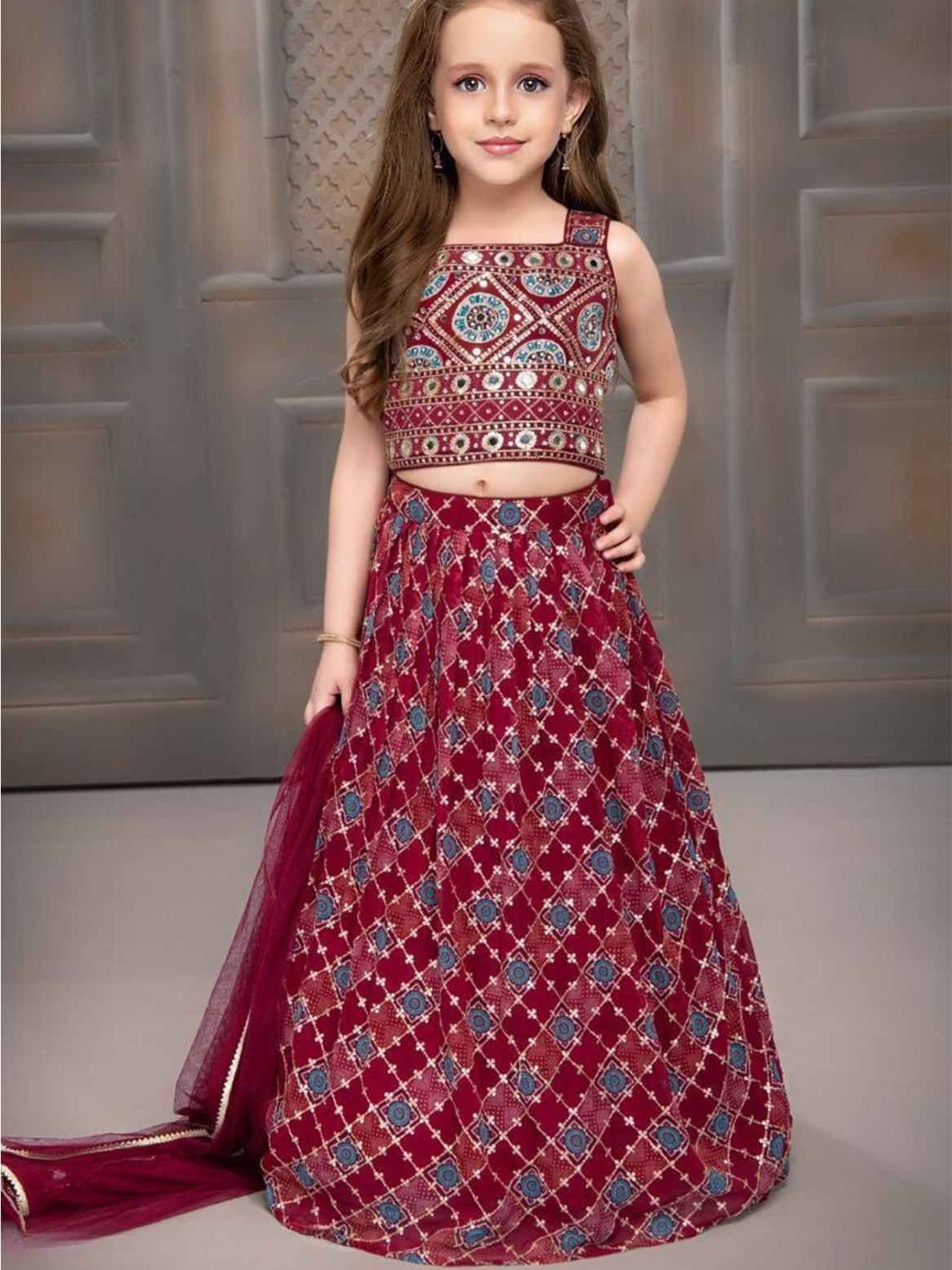 

Lagorii Girls Embroidered Ready to Wear Lehenga & Blouse With Dupatta, Maroon