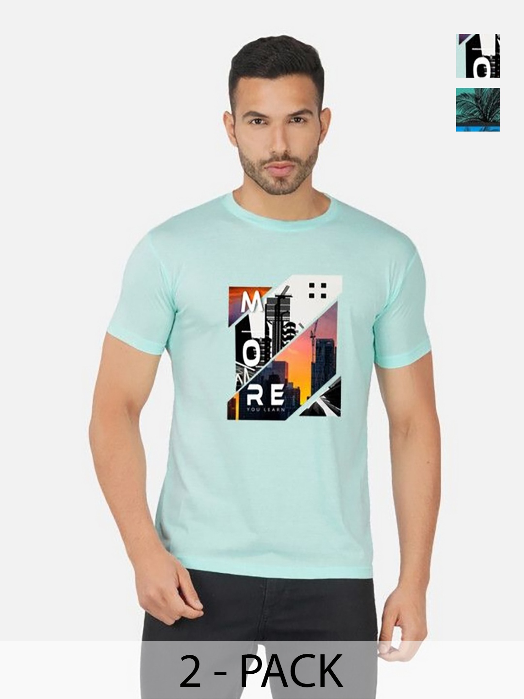 

GLOBAL NOMAD Men 2 Printed Bio Finish Applique T-shirt, Turquoise blue