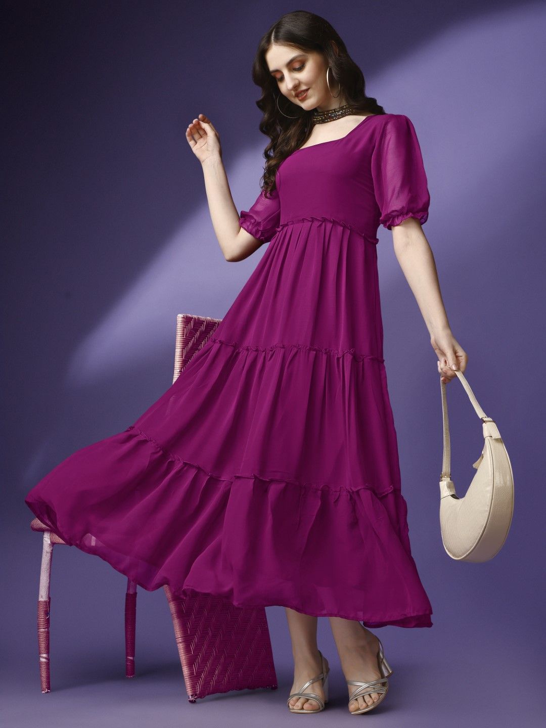 

Raiyani Fashion Bell Sleeve Applique Georgette Fit & Flare Maxi Dress, Magenta