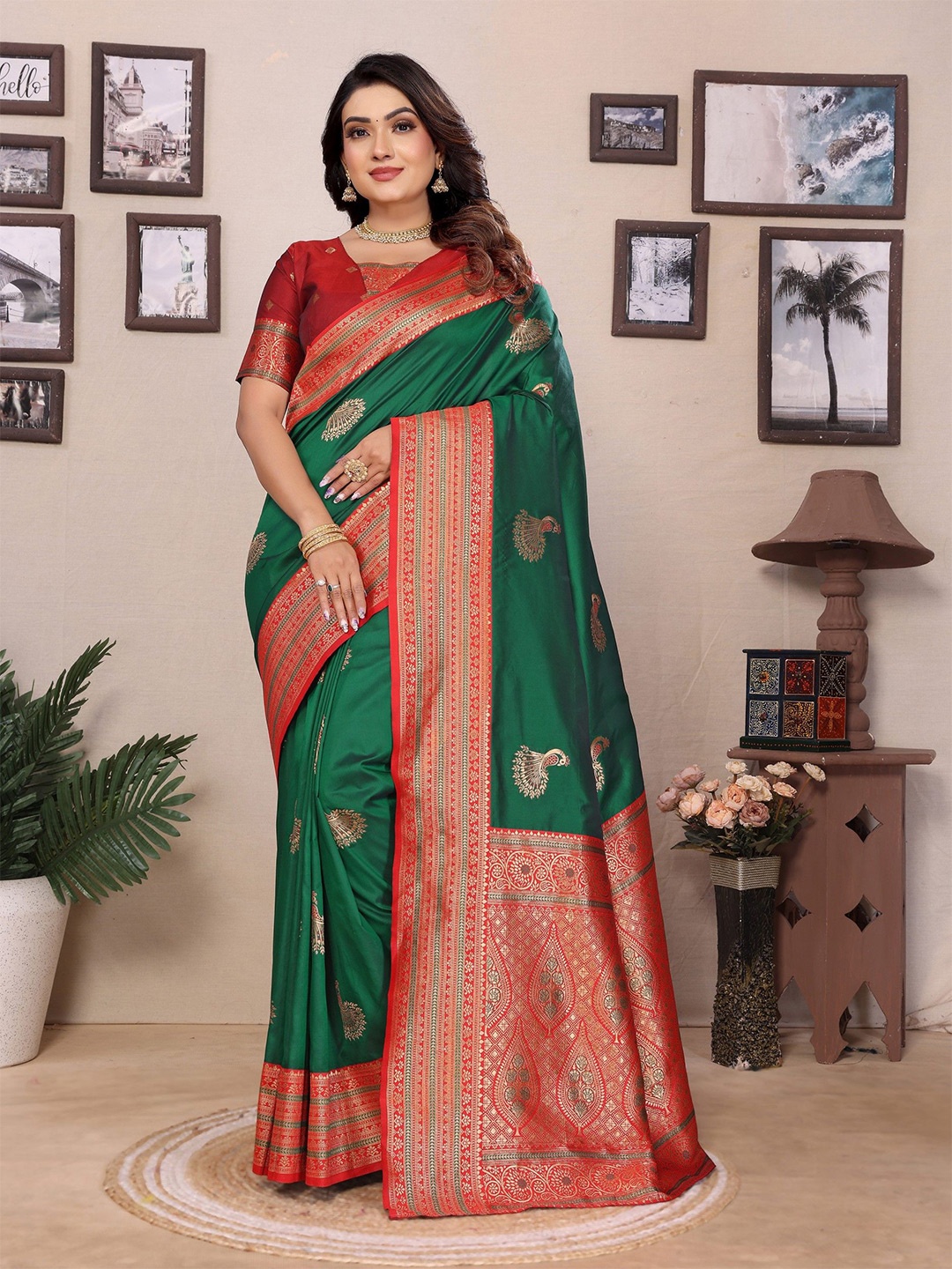 

Panzora Ethnic Motifs Zari Silk Blend Banarasi Saree, Green