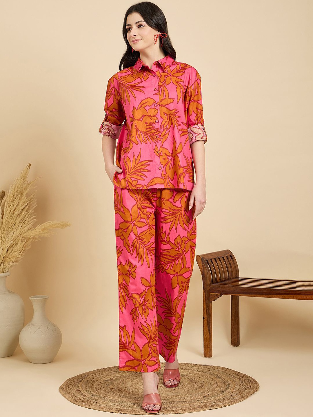 

ZUMMER Printed Pure Cotton Shirt With Trousers Co-Ords, Pink