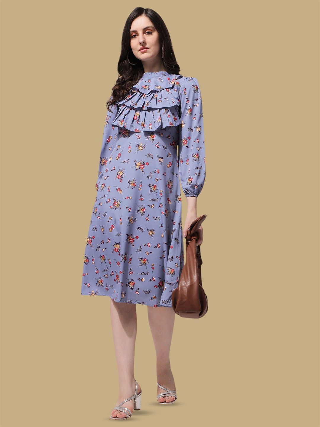 

Chemistry Floral Print Puff Sleeve Crepe A-Line Dress, Purple
