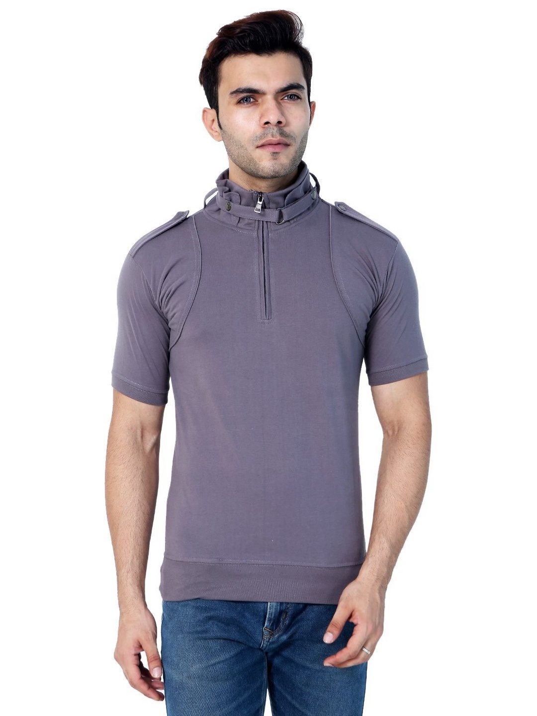 

Black Collection Men High Neck Drop-Shoulder Sleeves T-shirt, Silver