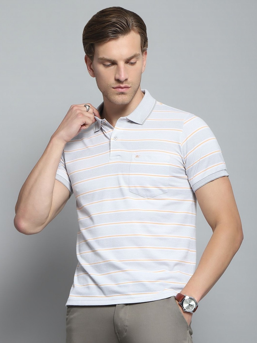 

Monte Carlo Men Striped Polo Collar Pockets T-shirt, Grey