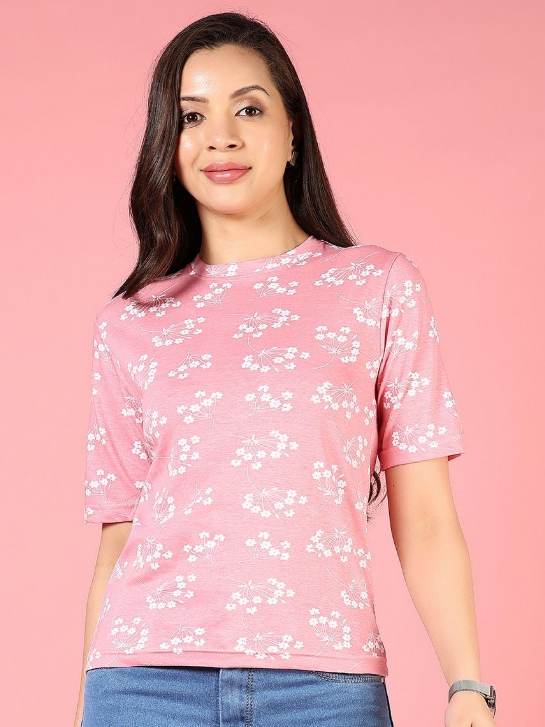 

V-Mart Women Floral Printed Extended Sleeves Pockets T-shirt, Pink