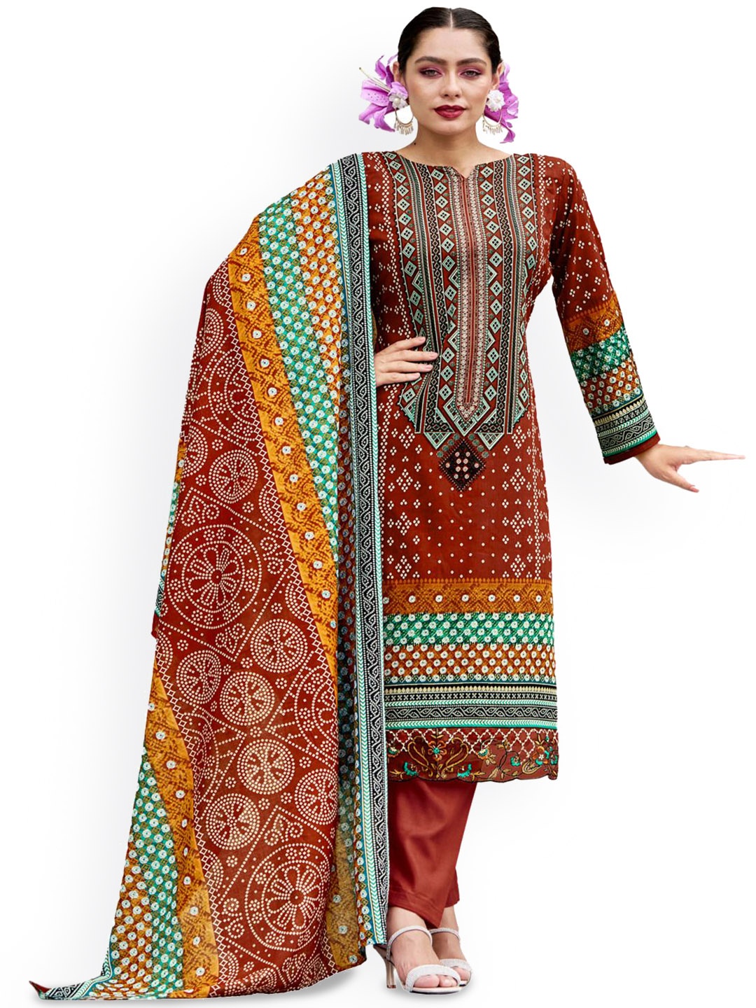 

DRAVINAM Trends Embroidered Pure Cotton Unstitched Dress Material, Orange