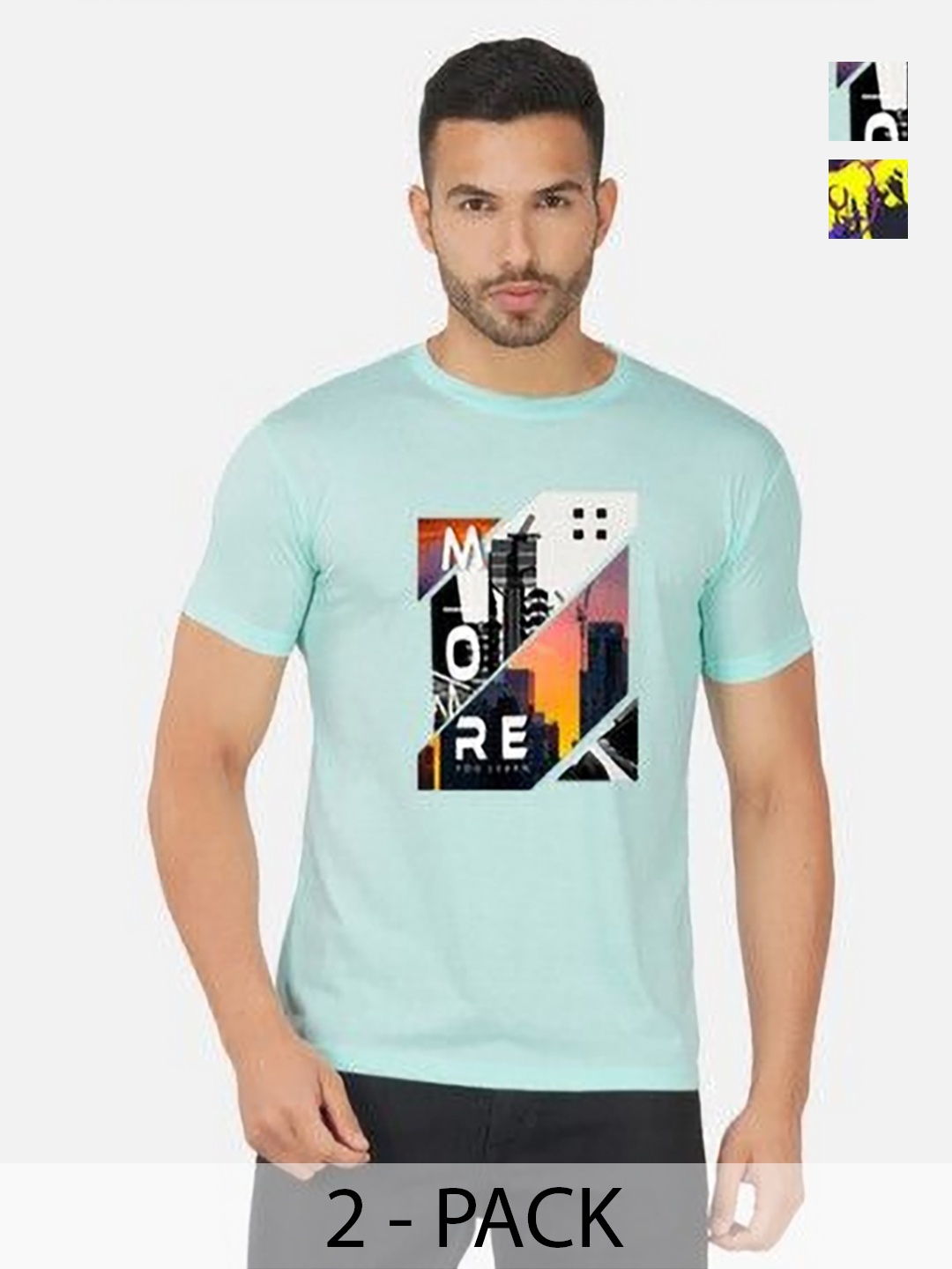 

GLOBAL NOMAD Men 2 Printed Bio Finish Applique T-shirt, Turquoise blue