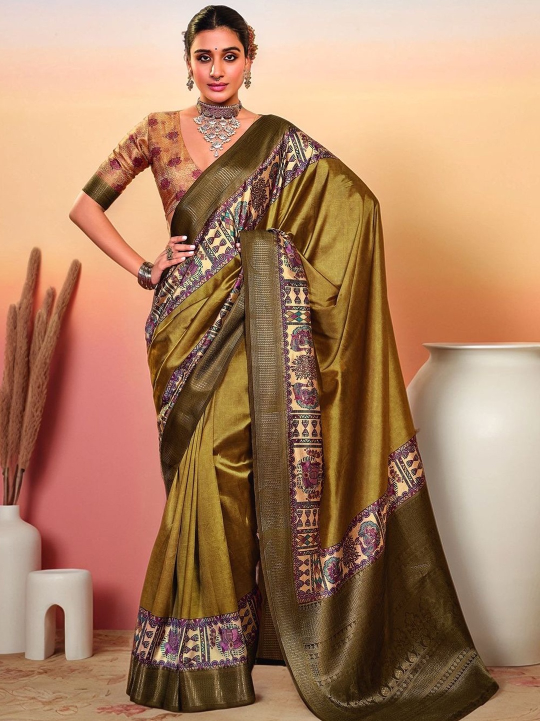 

Sangria Tussar Silk Tribal Printed Saree With Blouse Piece, Beige