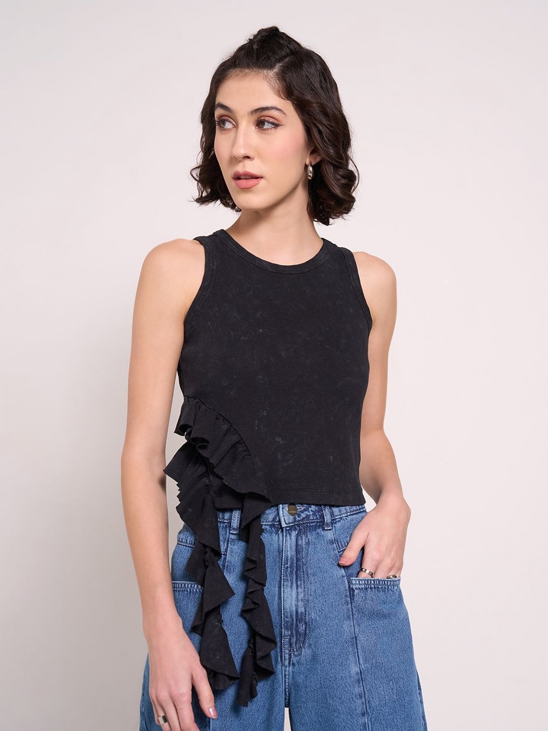 

SF JEANS by Pantaloons Women High Neck Pockets Slim Fit T-shirt, Black