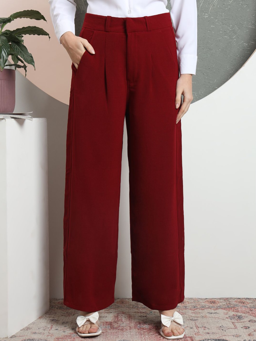 

FITHUB Women High-Rise Pleated Trousers, Maroon