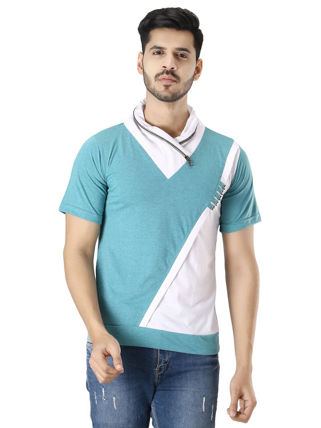 

Black Collection Men Colourblocked V-Neck Applique T-shirt, Green