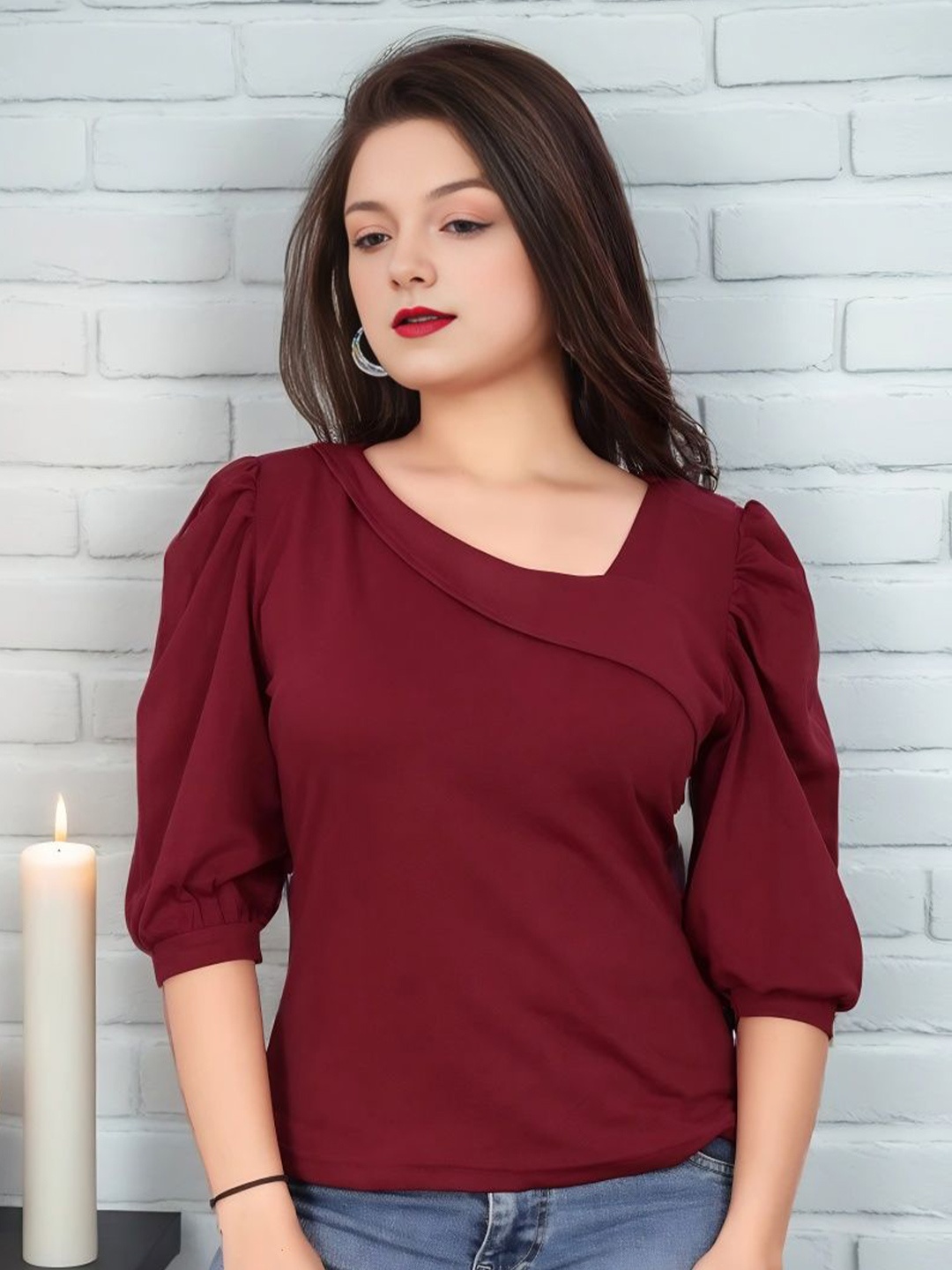 

Moda Rapido Puff Sleeve Cotton Top, Red