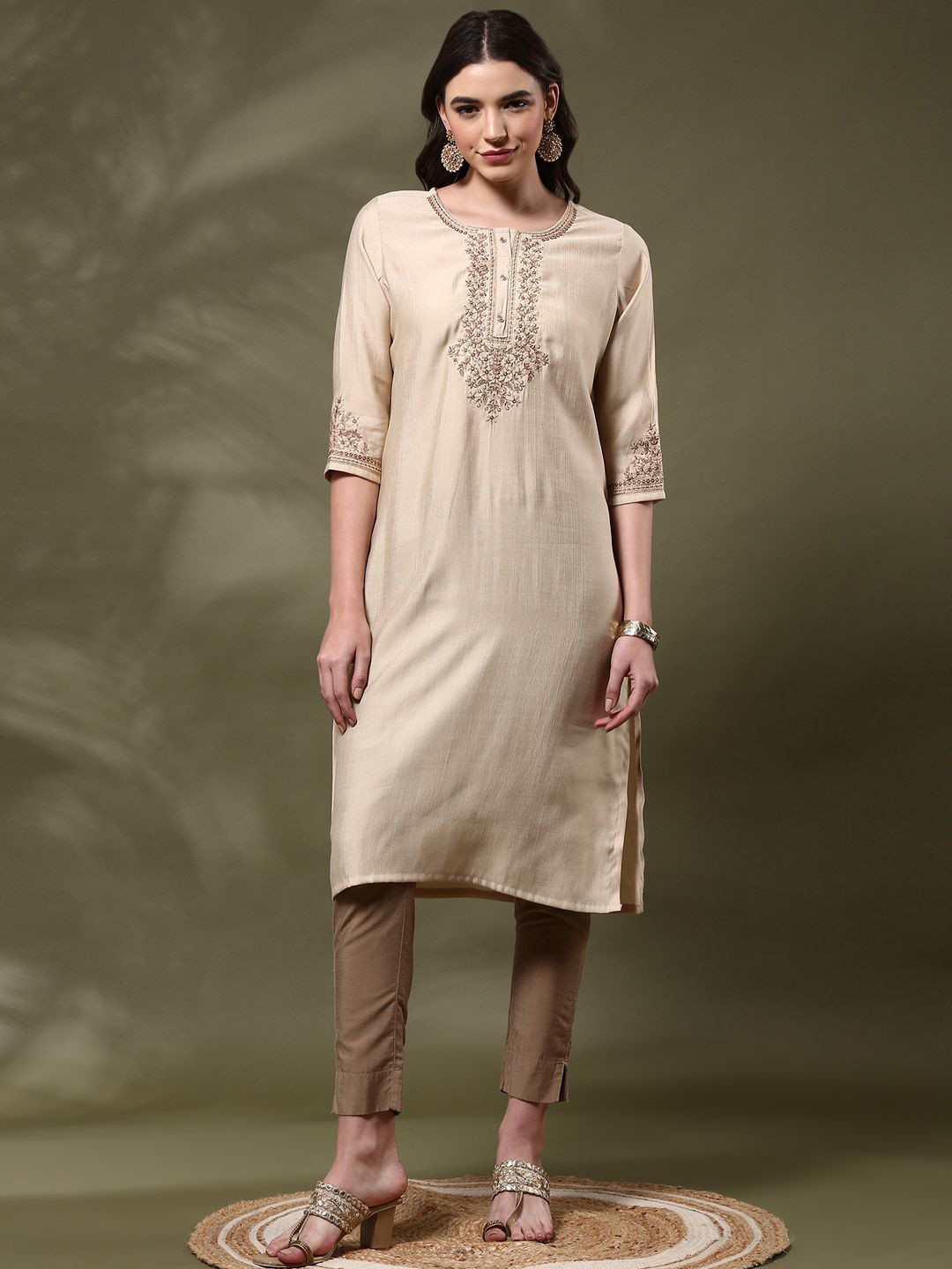 

Alena Women Flared Sleeves Thread Work Kurta, Beige