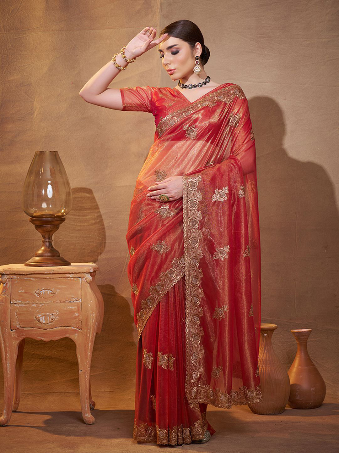 

modeva Floral Embroidered Organza Saree, Orange