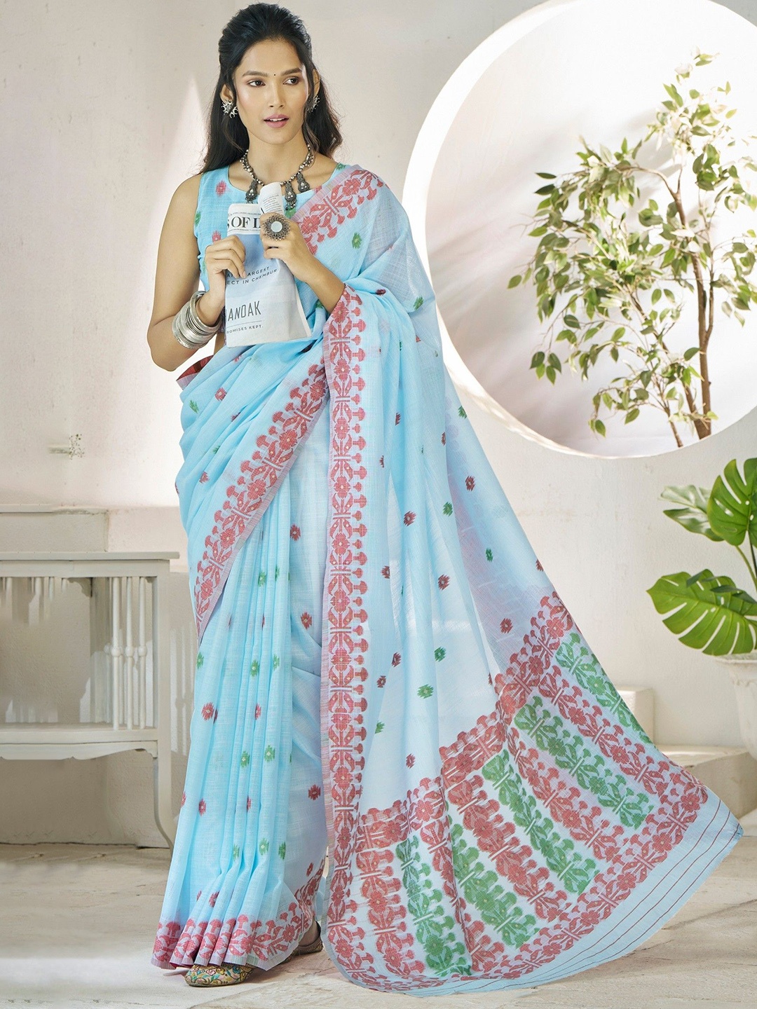 

MySilkLove Woven Design Linen Blend Saree, Blue