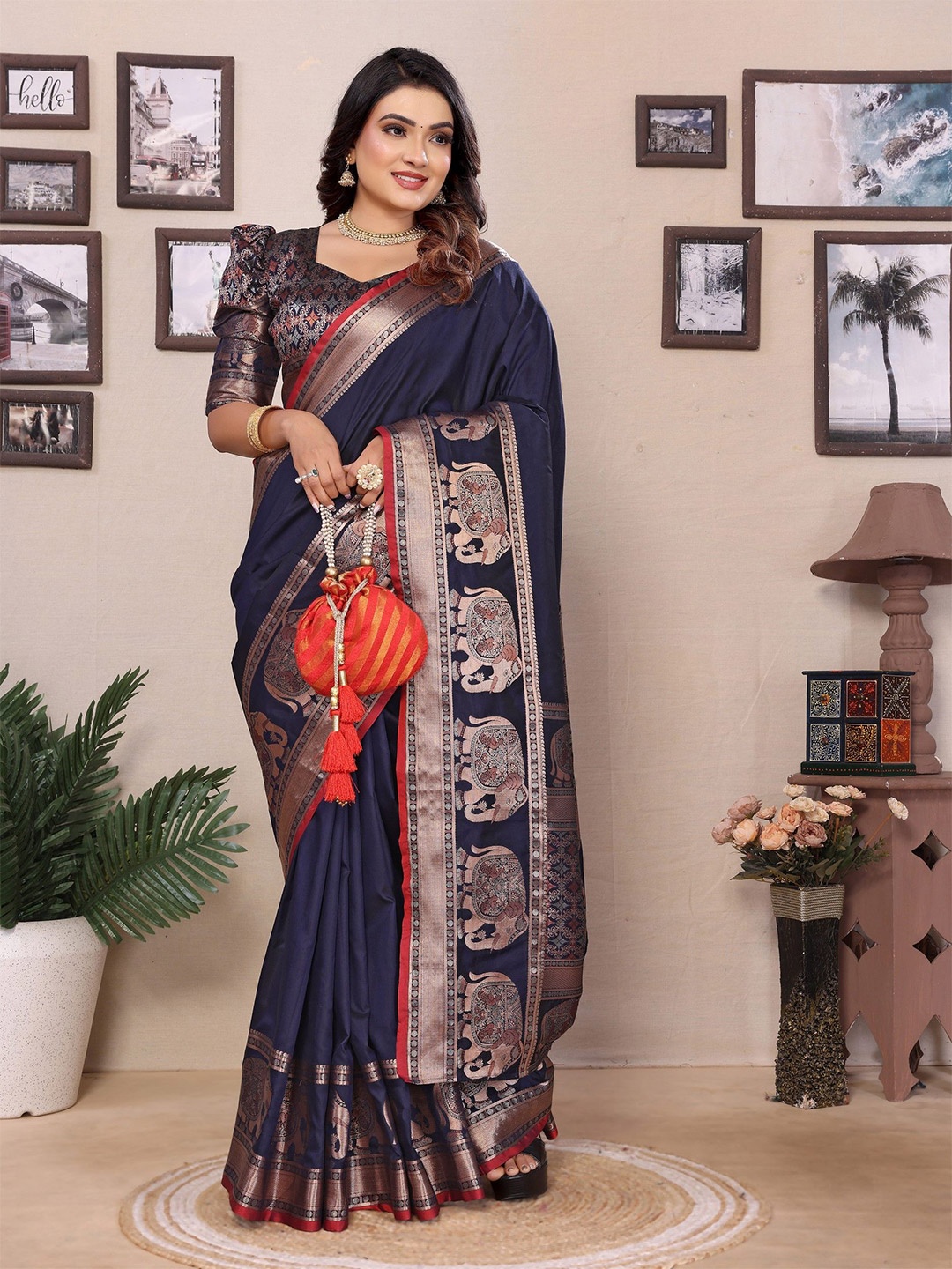 

Panzora Ethnic Motifs Zari Silk Blend Saree, Navy blue