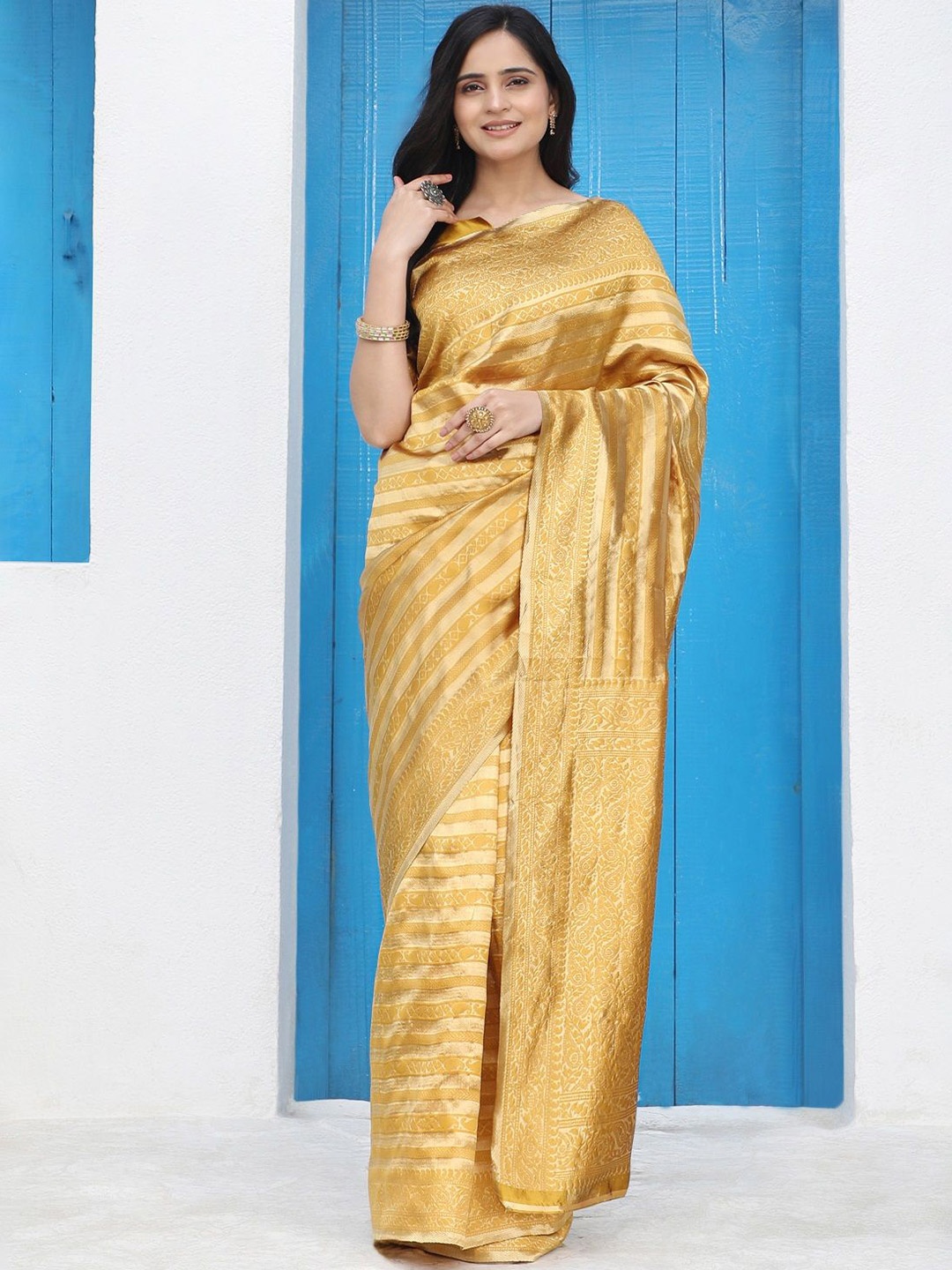 

ORUS Woven Design Zari Silk Blend Banarasi Saree, Mustard