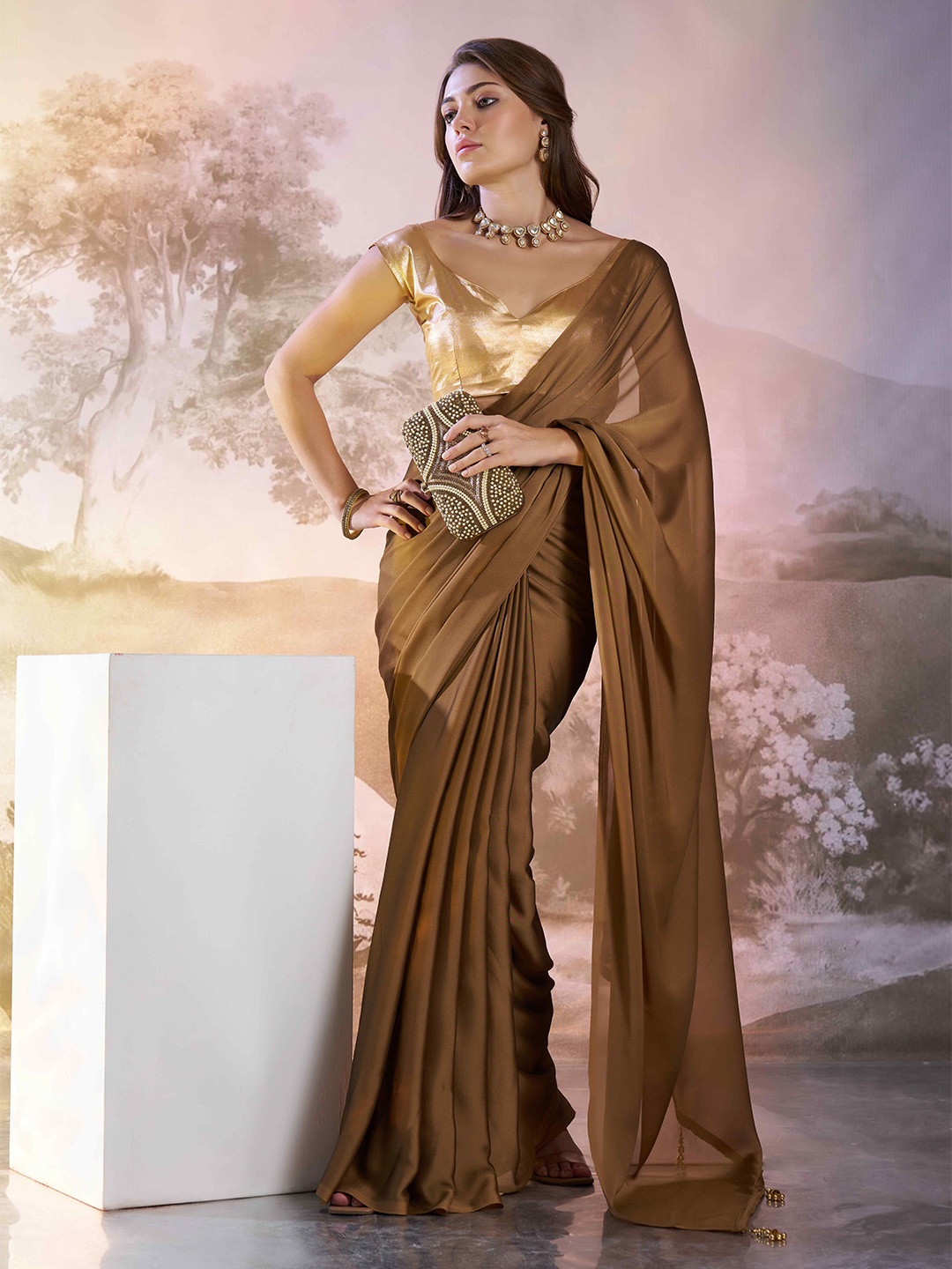 

HERE&NOW Satin Tussar Saree, Brown