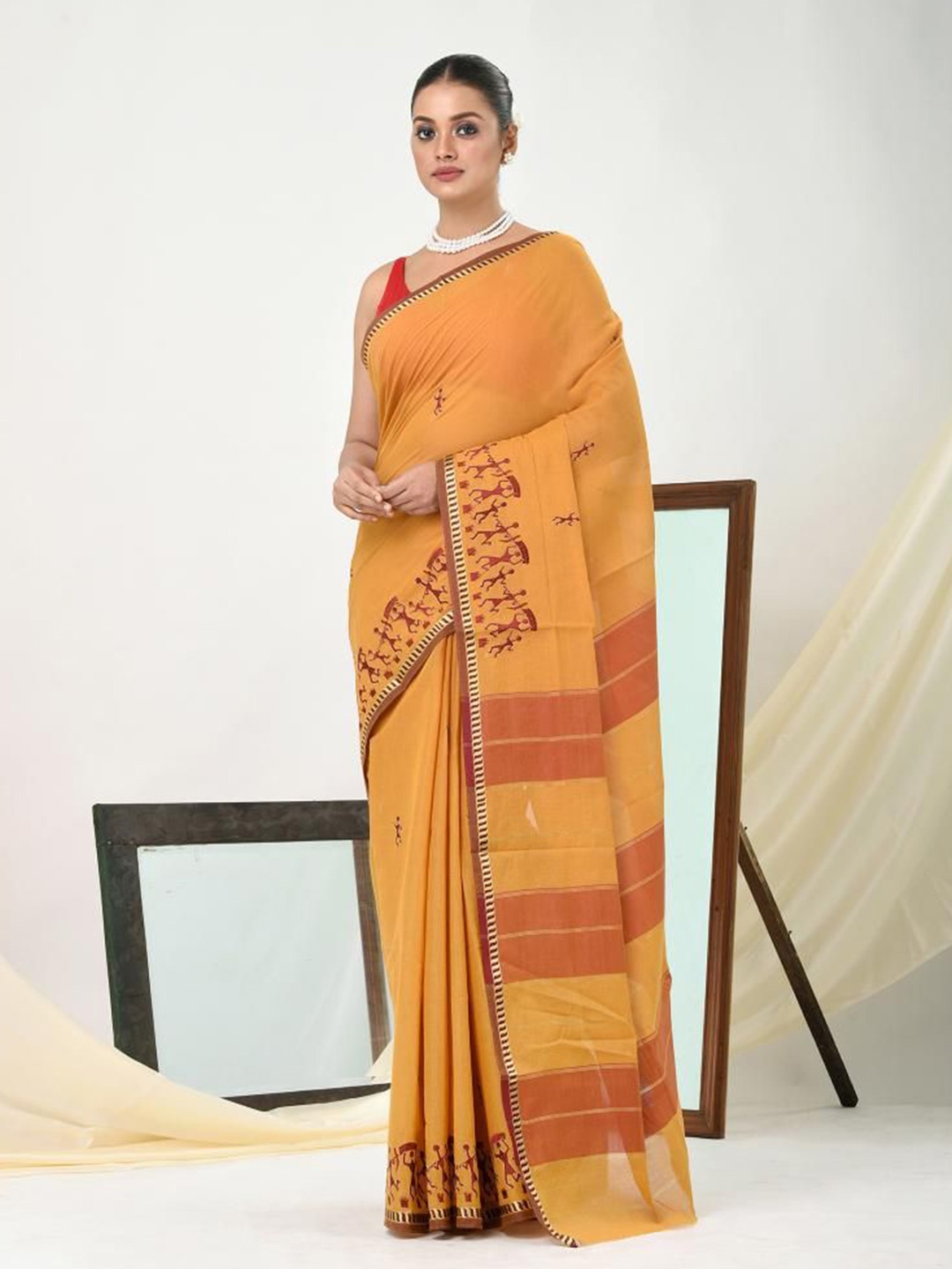 

VIBHAVARI Warli Pure Cotton Saree, Yellow