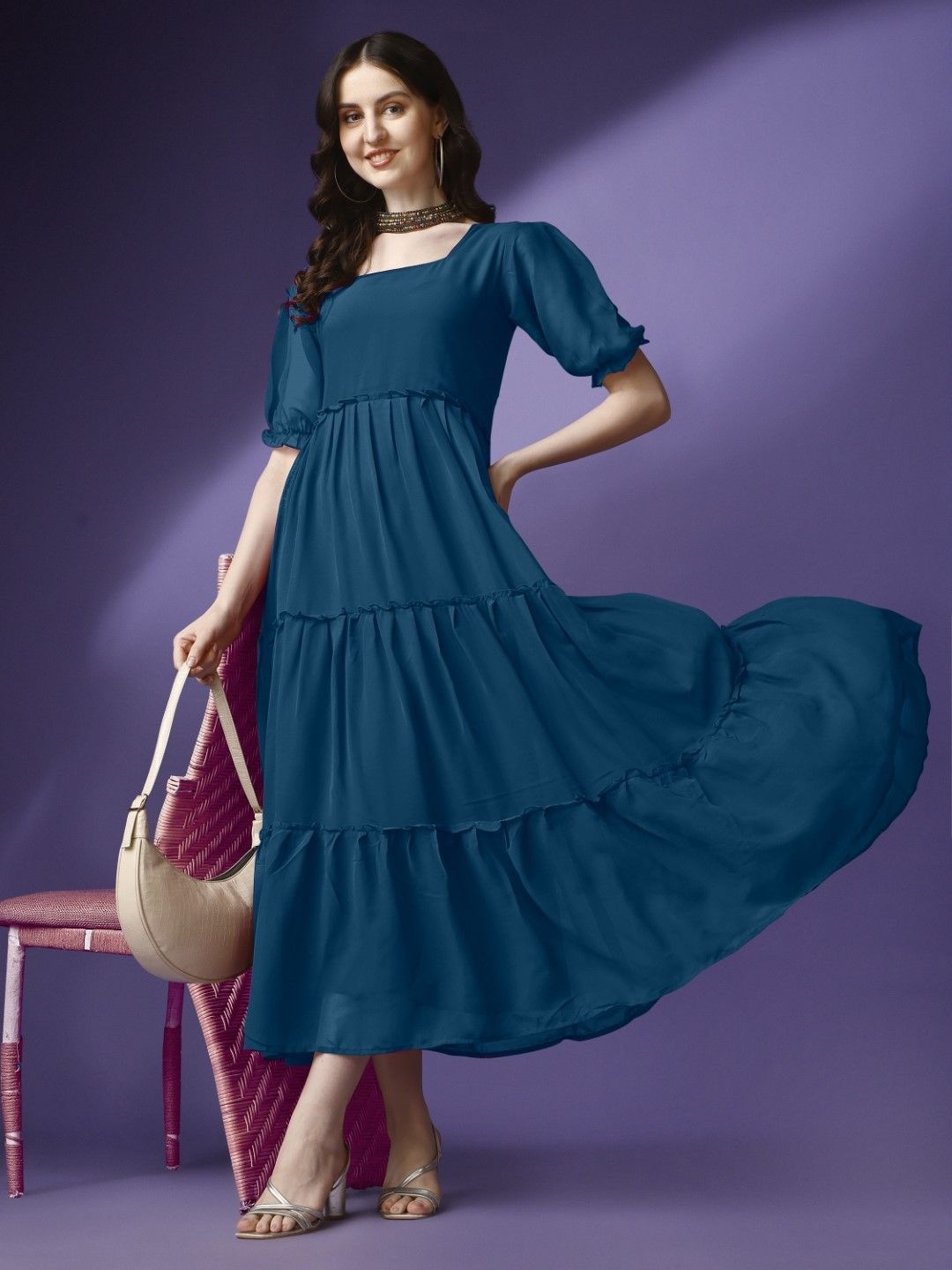 

Jash Creation Bell Sleeve Applique Georgette Fit & Flare Maxi Dress, Blue