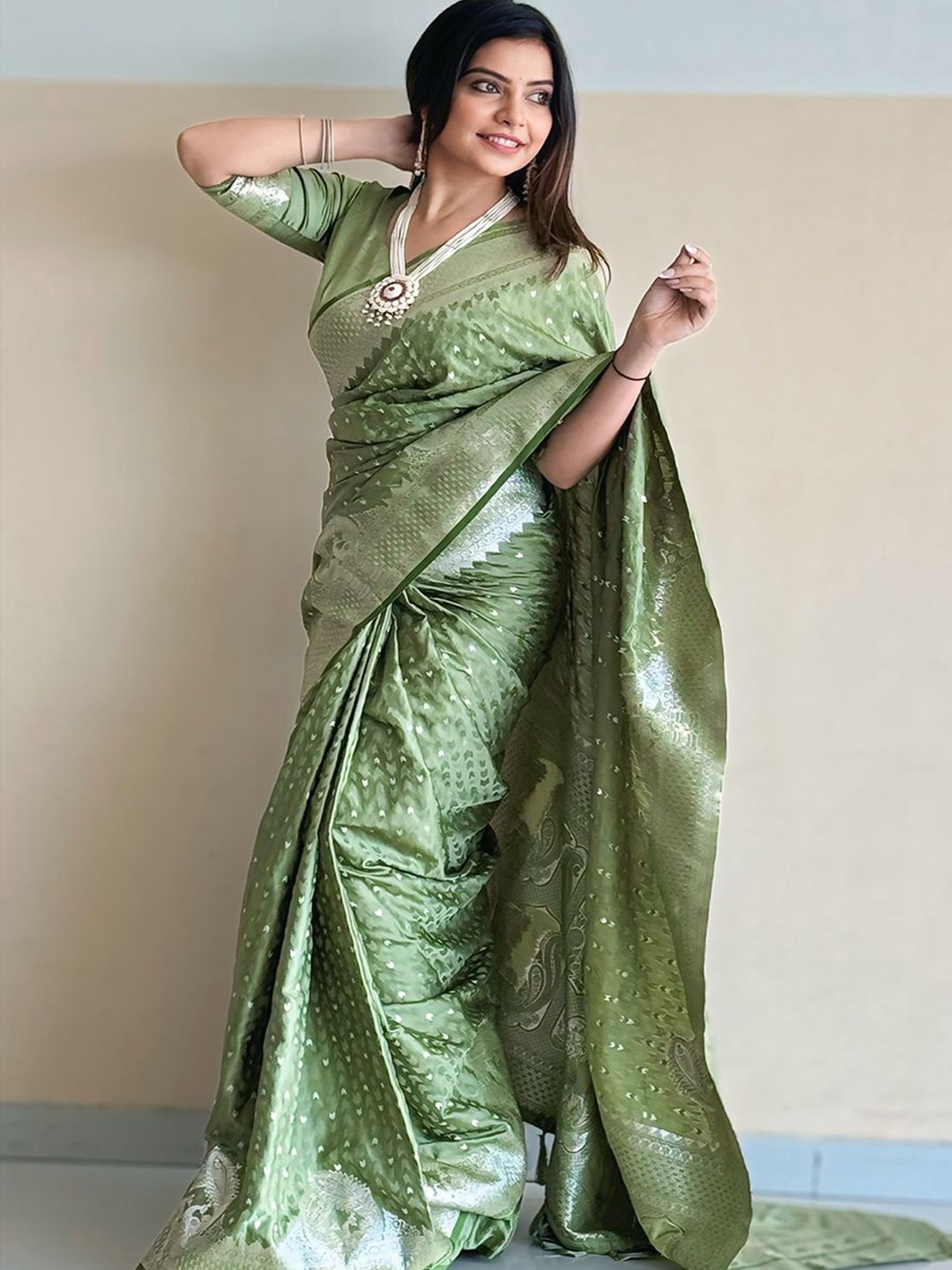 

all about you Woven Design Zari Satin Banarasi Saree, Green