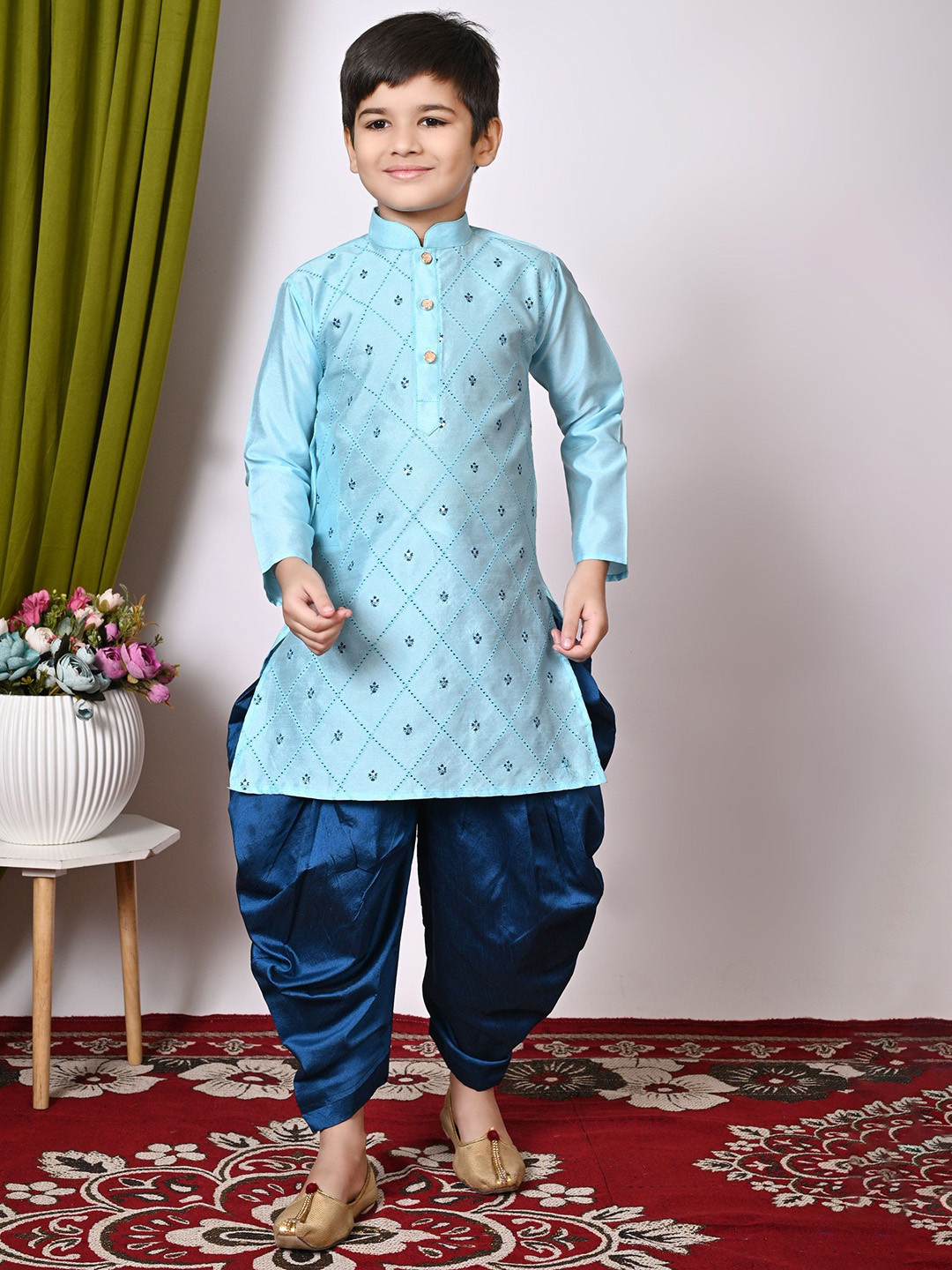 

NFC CREATION Boys Embroidered Regular Sequinned Dupion Silk Kurta with Patiala, Turquoise blue