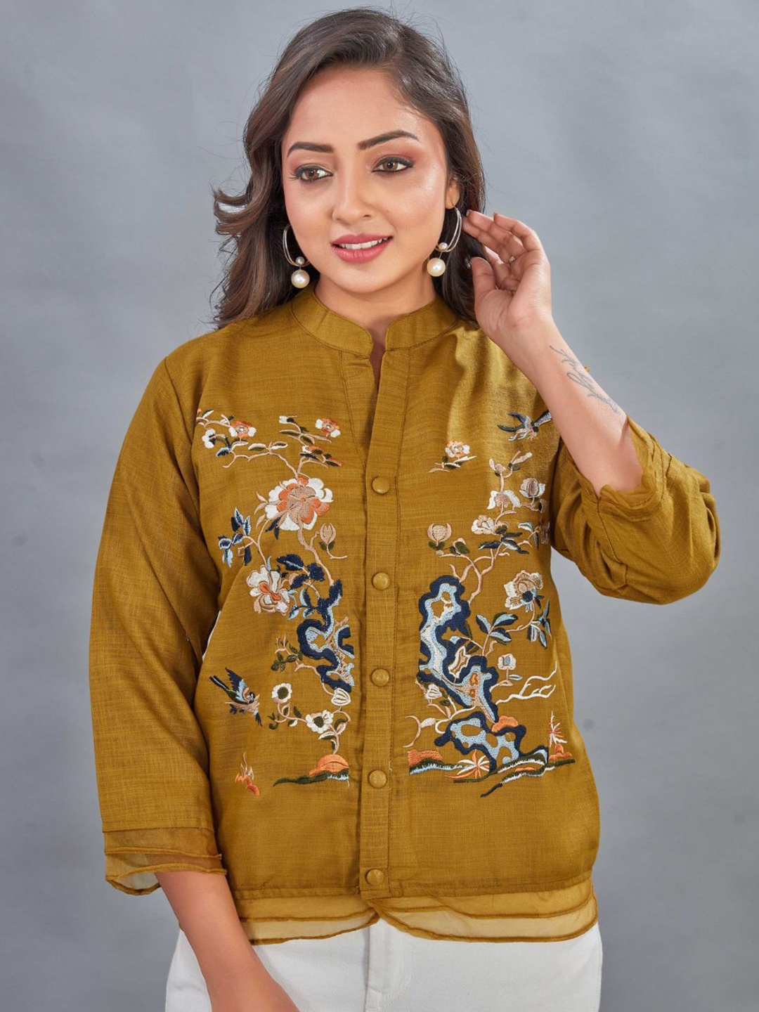 

Kesudi Embroidered Mandarin Collar Tunics, Mustard
