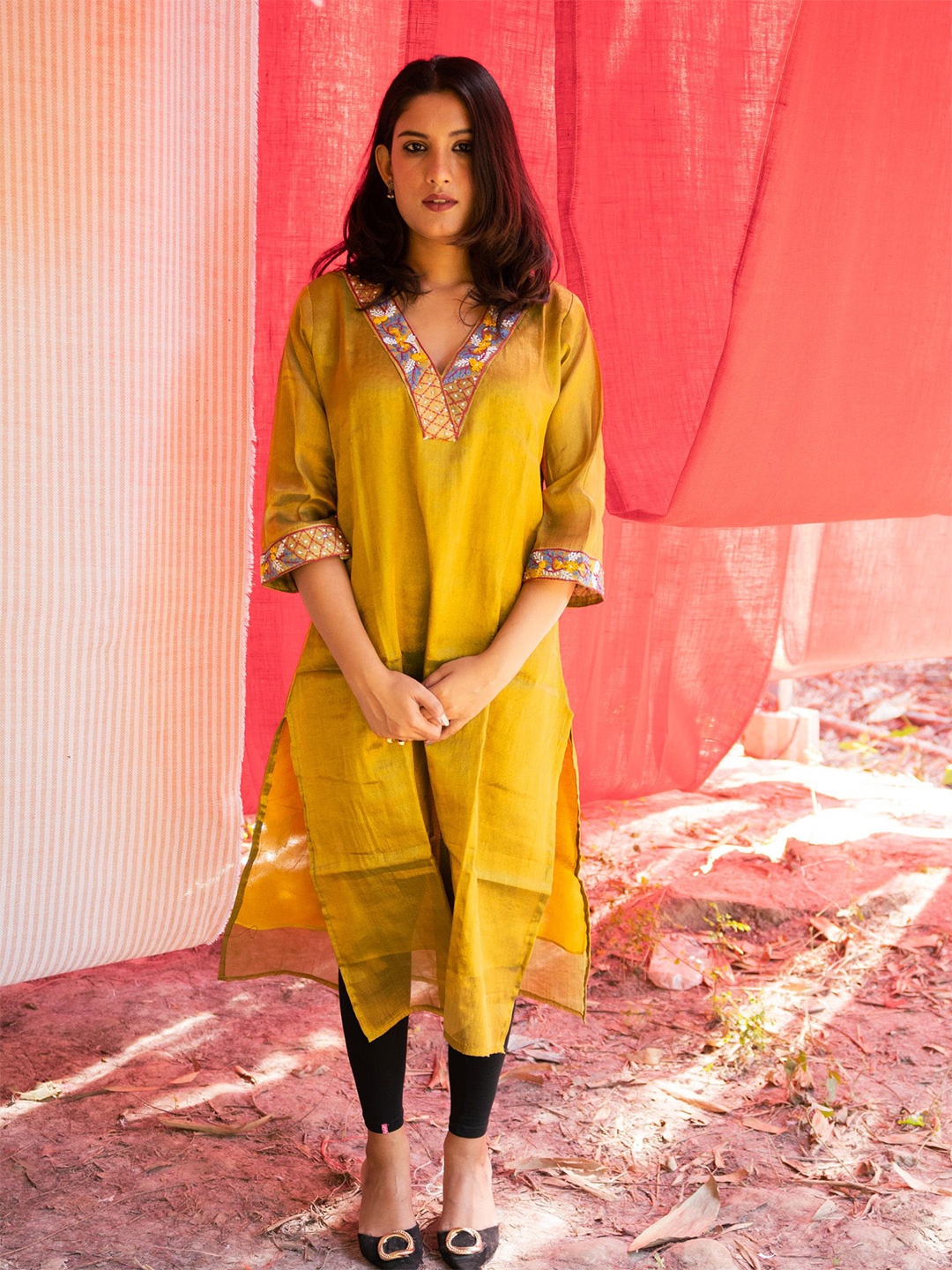 

Uttariya Yoke Design Thread Work Kurta, Yellow