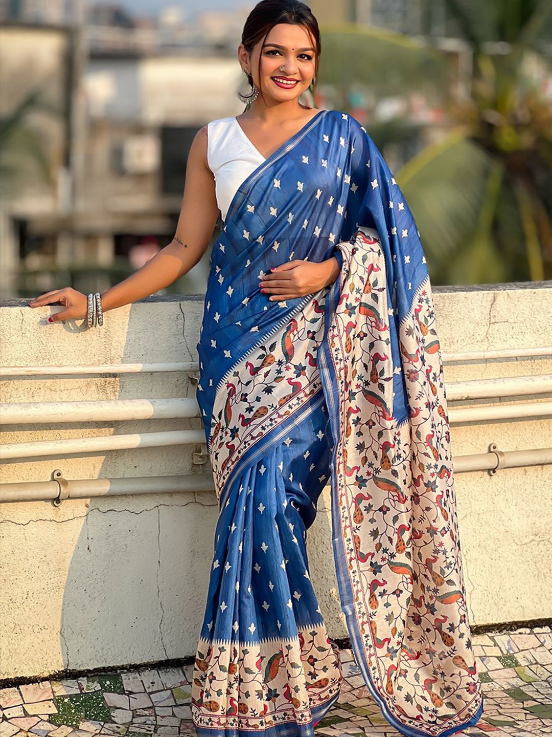 

all about you Floral Zari Khadi Saree, Blue